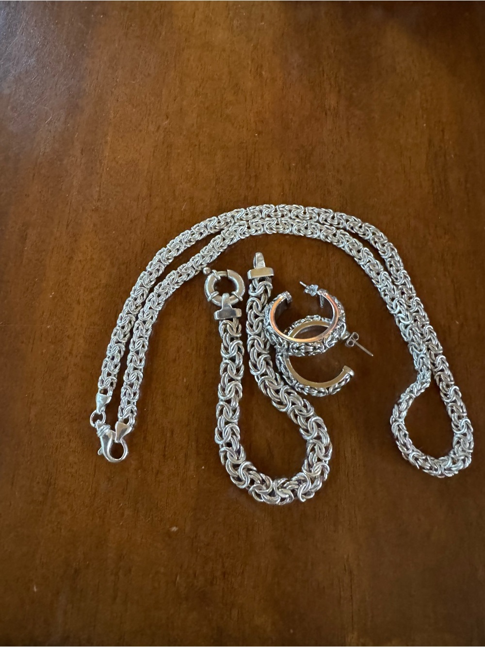 Sterling Silver Byzantine Chain Necklace, Bracelet & Hoop Earrings Set - Silver